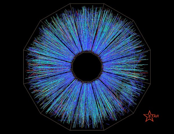 Particle tracks from a collision of two gold ions at the RHIC particle accelerator.