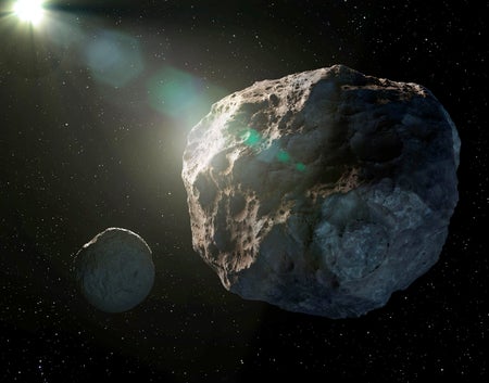 Digital artwork depicting a pair of asteroids with the sun in the upper left corner of the frame