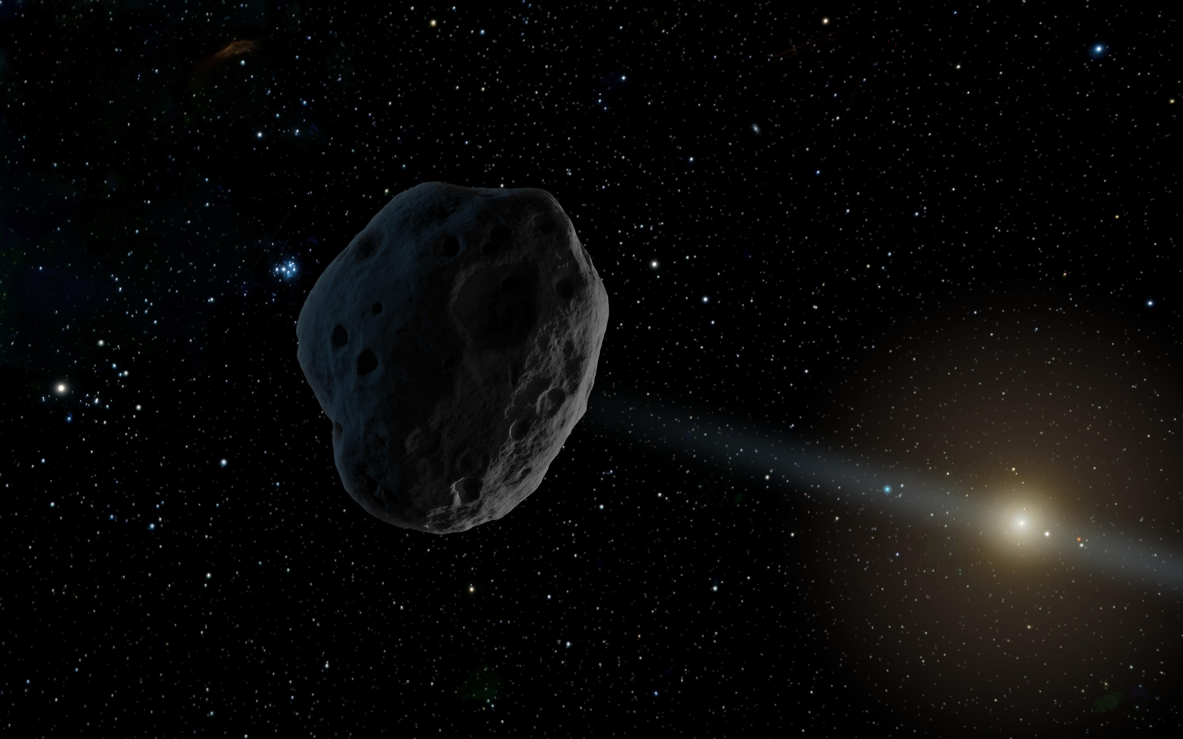 An artist's rendition of a small asteroid in deep space