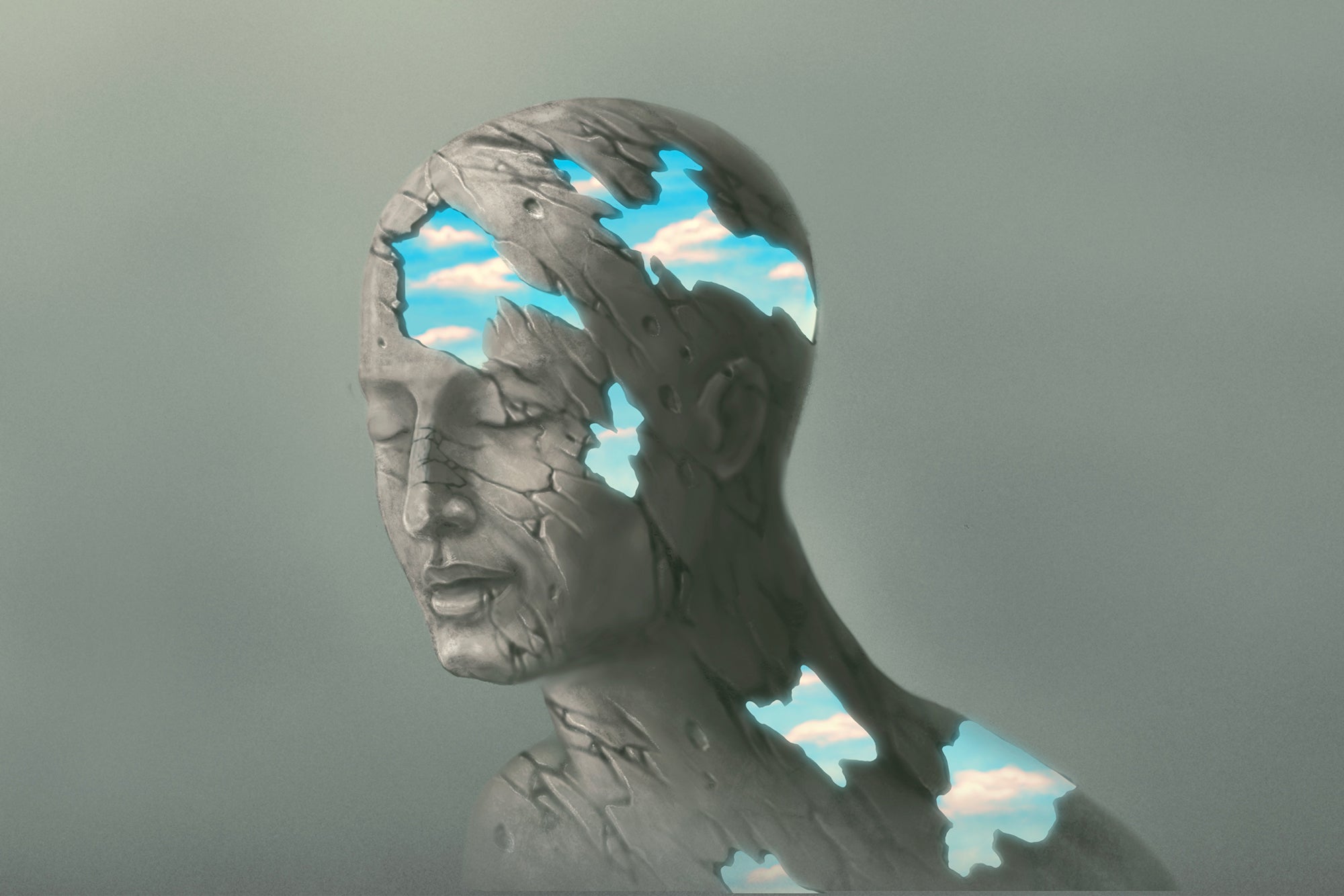 surreal painting, conceptual illustration of a human form, eyes closed, made of stone with pieces having fallen away from the surface revealing a blue sky with white clouds inside