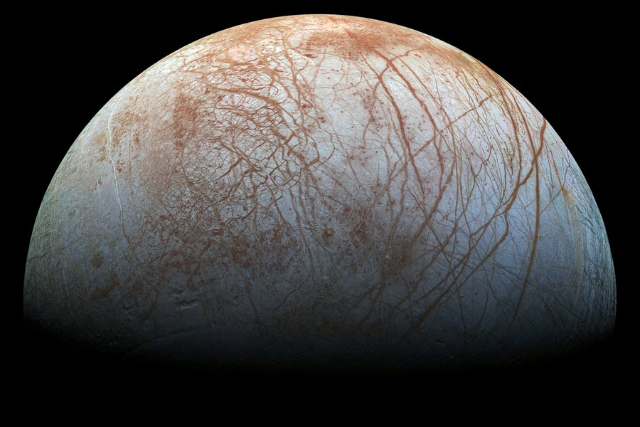 This color view of Europa, made from images taken by NASA’s Galileo spacecraft in the late 1990s shows the stunning diversity of the moon’s surface geology. Long, linear cracks and ridges crisscross the surface, interrupted by regions of disrupted terrain where the surface ice crust has been broken up and re-frozen into new patterns