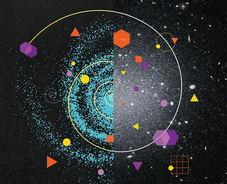 Conceptual illustration: split view of a spiral galaxy and a dark matter-less galaxy.