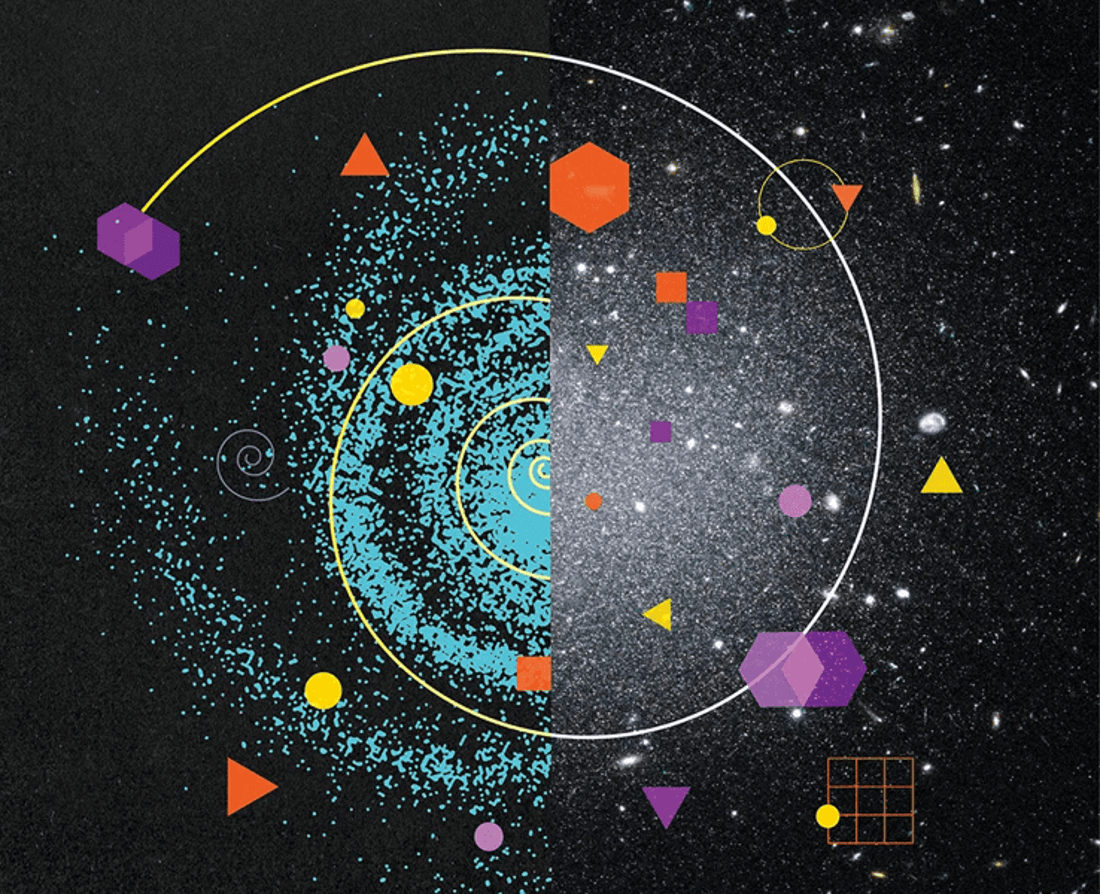 Conceptual illustration: split view of a spiral galaxy and a dark matter-less galaxy.