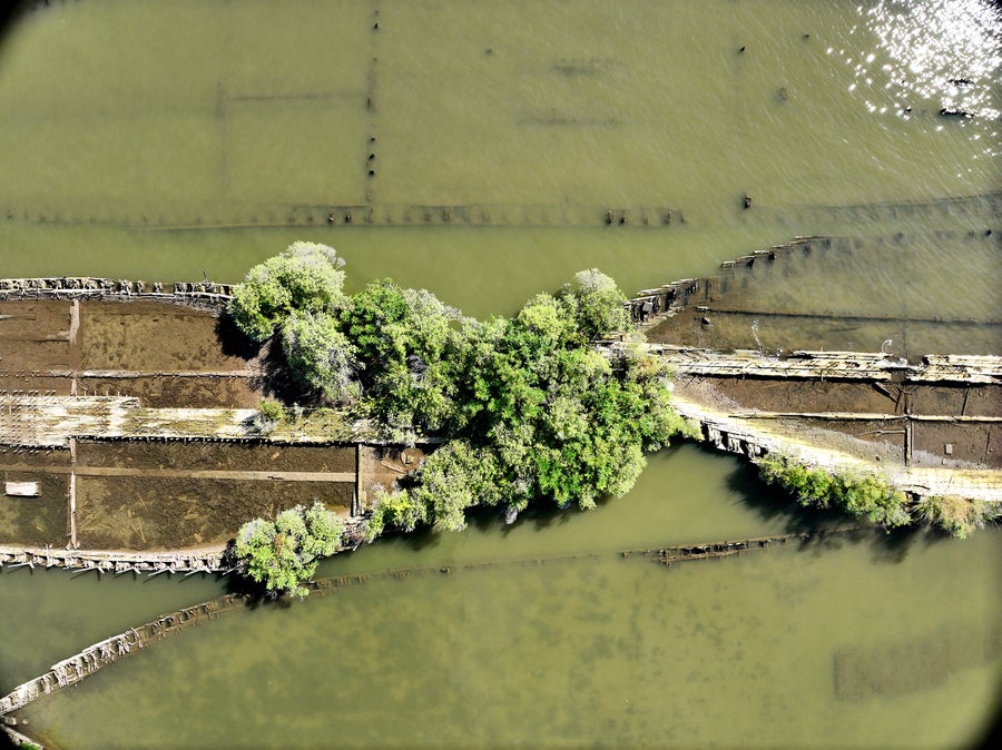 Aerial view of the wrecks of the “Ghost Fleet” meet. Here, the Alpaco and Buckhorn rest end-to-end