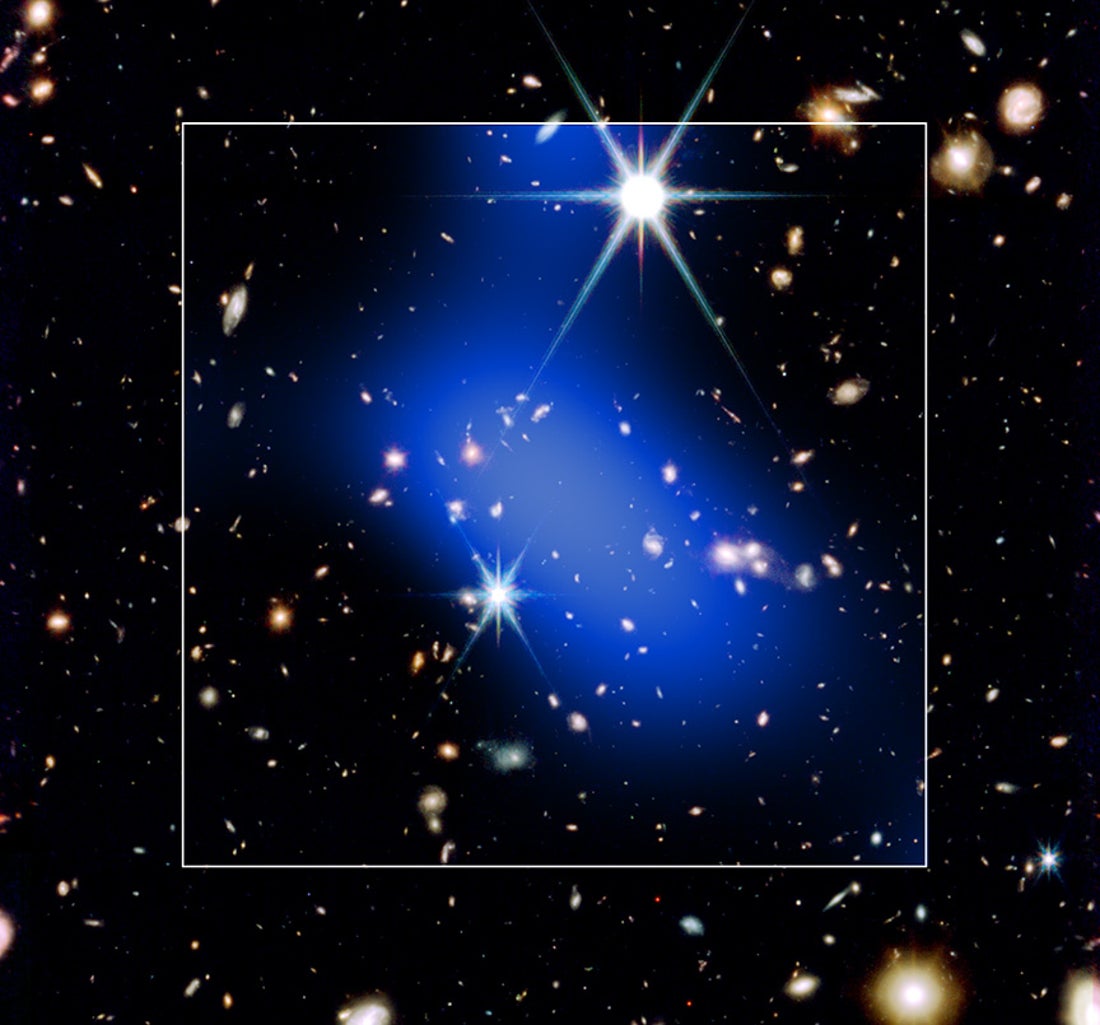 A deep field image of numerous galaxies, some of which are forming a cluster. Translucent blue blobs denote x-ray emission from hot gas pervading the clustered galaxies.