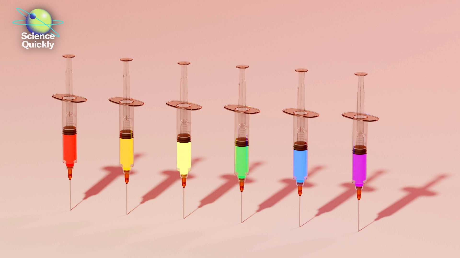 An illustration of a row of syringes with a rainbow of colorful liquid in them standing up on their points in a row with a peach colored background.