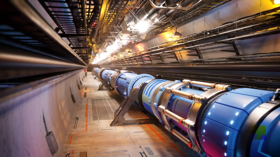 An artist’s impression of the tunnel for the proton–proton collider stage of the Future Circular Collider.