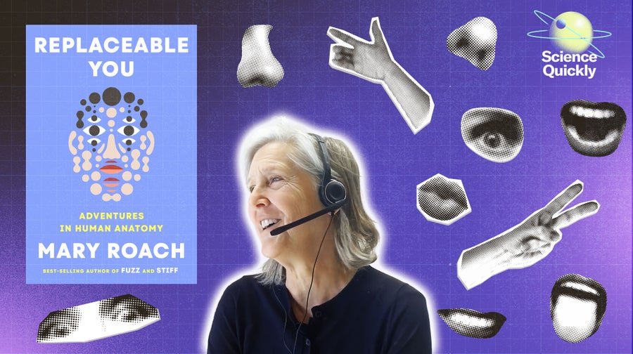 A woman with a computer headset is centered but looking to the left surrounded by cartoonish body parts and a book cover reading "replaceable you" at left