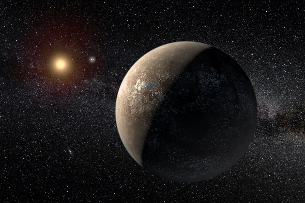 A depiction of an exoplanet orbiting a star.