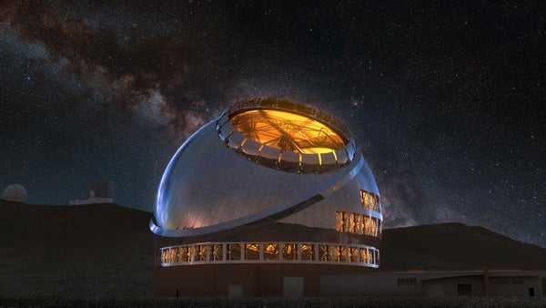 A render of the completed Thirty Meter Telescope at night with its facility lights on.