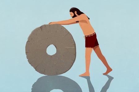 Illustration caveman rolling stone wheel on blue background