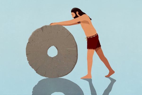 Illustration caveman rolling stone wheel on blue background