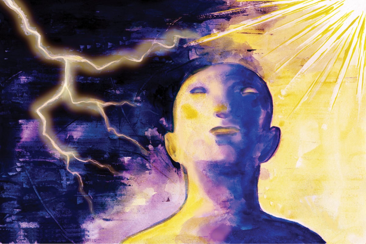 Illustration of a purple and yellow person with lightning strikes and sunshine in the background