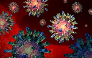 This 3D illustration shows several computer-generated measles virus particles.