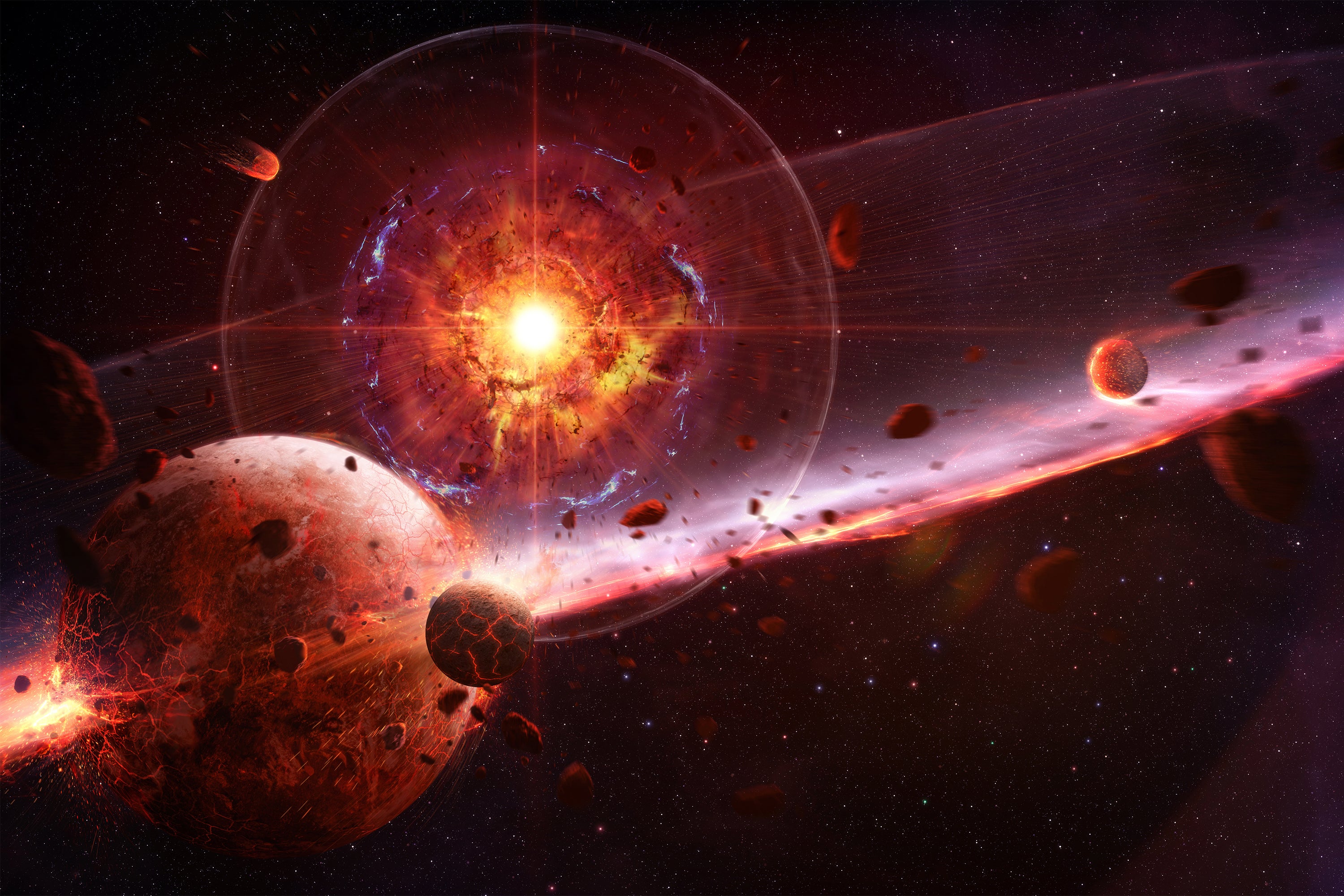 Illustration of a supernova explosion destroying planets