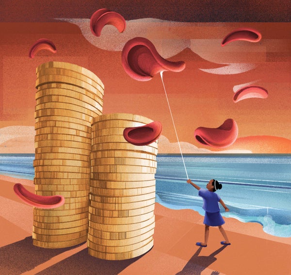 Illustration of a young girl holding onto a string to a blood cell like a balloon, near a stack of gold coins