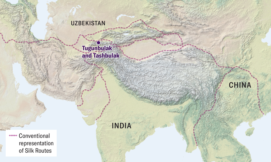 Map shows the conventional representation of the Silk Routes through Asia and marks the location of Tugunbulak and Tashbulak in the mountains of southeastern Uzbekistan.