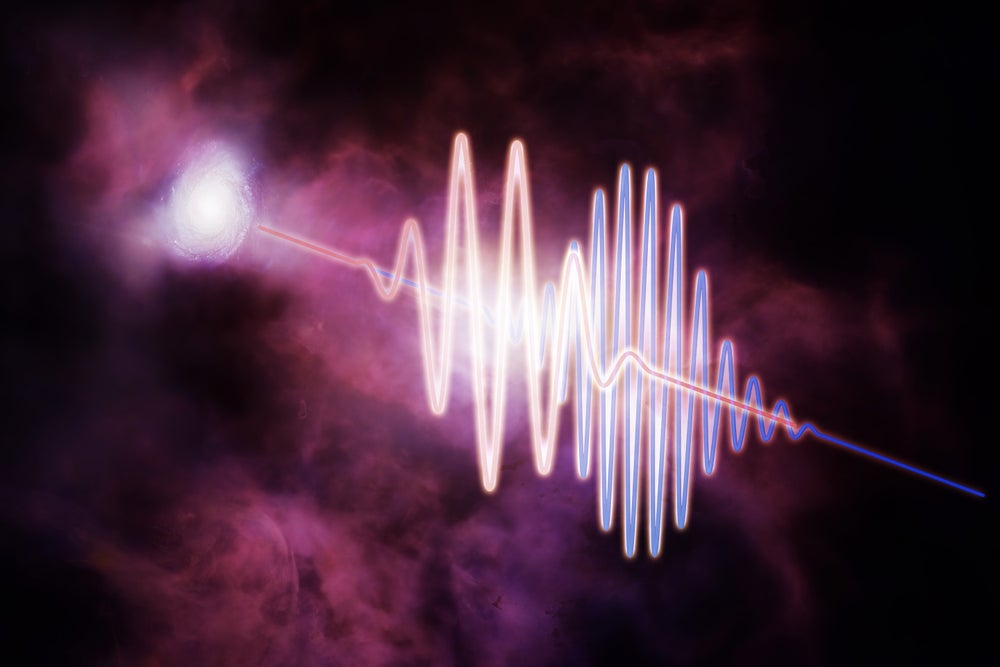 El diagrama de este artista representa un pulso brillante de ondas de radio (el FRB) en su viaje a través de la niebla entre las galaxias, conocida como el medio intergaláctico. Las longitudes de onda largas (colores más rojos) se ralentizan en comparación con las longitudes de onda más cortas y más azules, lo que permite que los astrónomos
