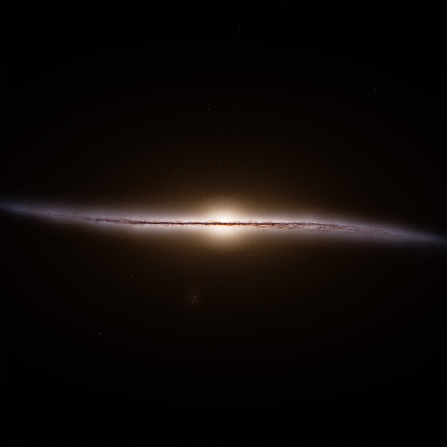 A impressão do artista de nossa galáxia, a Via Láctea, com base em dados do Telescópio Espacial Gaia da ESA. Esse ângulo de visualização enfatiza uma distorção aparente no disco estrelado de nossa galáxia.