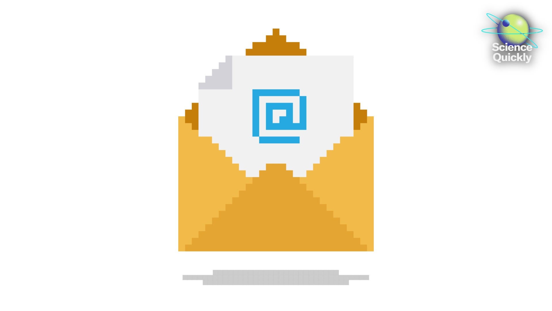 An illustration of an email icon in a pixelated style on a white background.