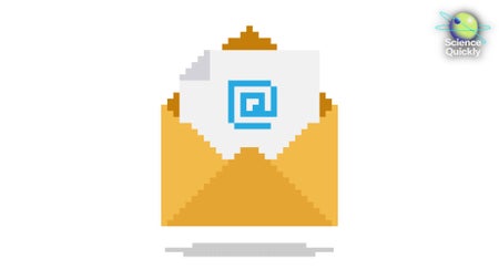 An illustration of an email icon in a pixelated style on a white background.