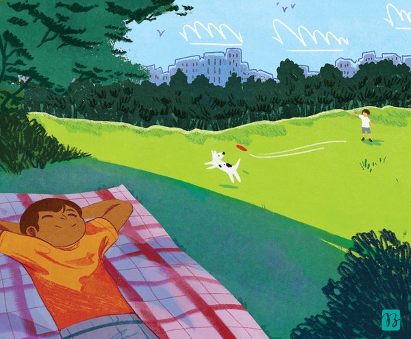 Illustration of a young boy laying on a blanket outside in a park