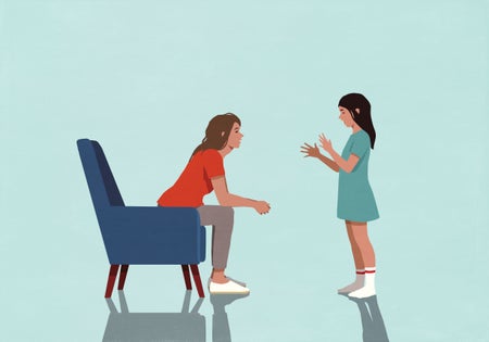 Illustration of a woman sitting on a blue chair talking to her young daughter