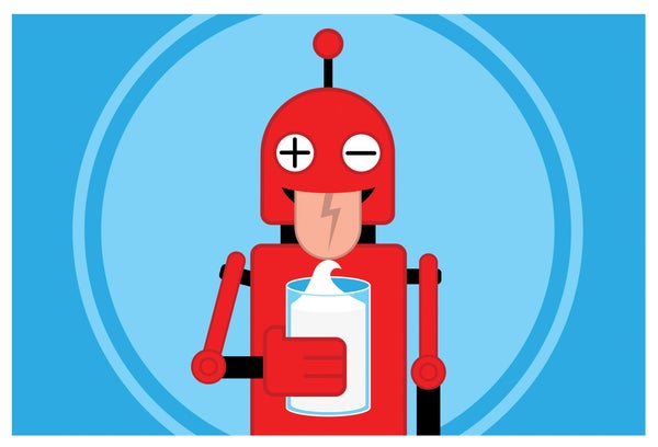 Ilustrasi robot menjulurkan lidah sambil memegang secangkir minuman berwarna putih
