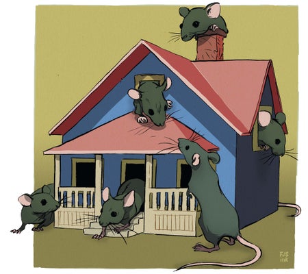 Illustration of four mice surrounding a small house.