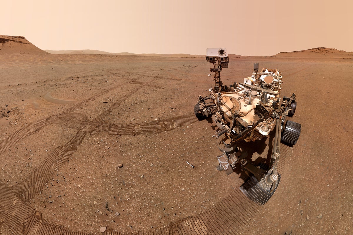 A selfie of NASA's Perseverance Mars rover with sample tubes it deposited at a sample depot it is creating within an area of Jezero Crater nicknamed 