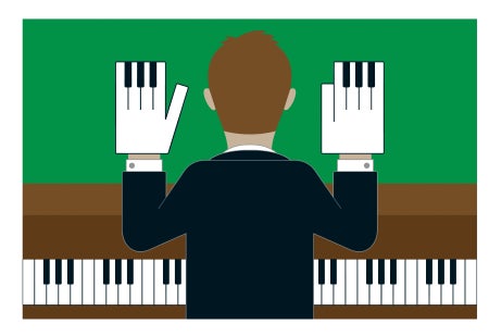 Illustration of the back of a person with piano keys for fingers, about to play the piano