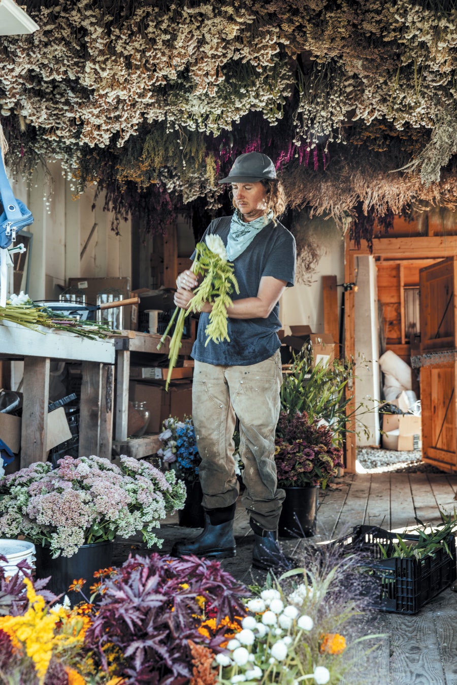 Inside a barn, a person is arranging cut flowers