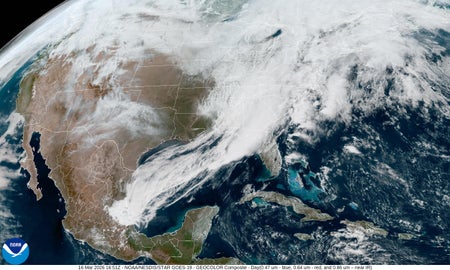 A satellite image of the contiguous U.S., with the clouds covering the eastern part of the country