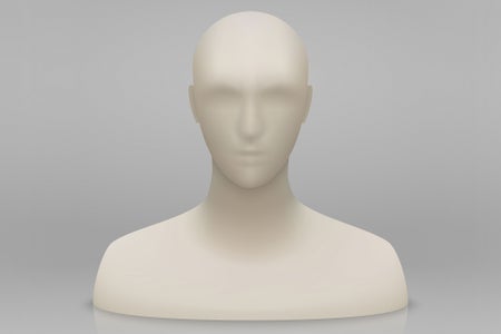 Illustration, colorless and featureless mannequin head and bust on a light gray background