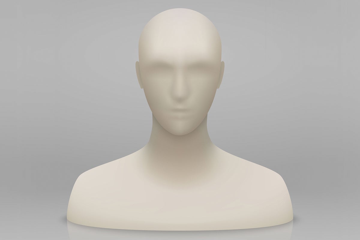 	Illustration, colorless and featureless mannequin head and bust on a light gray background