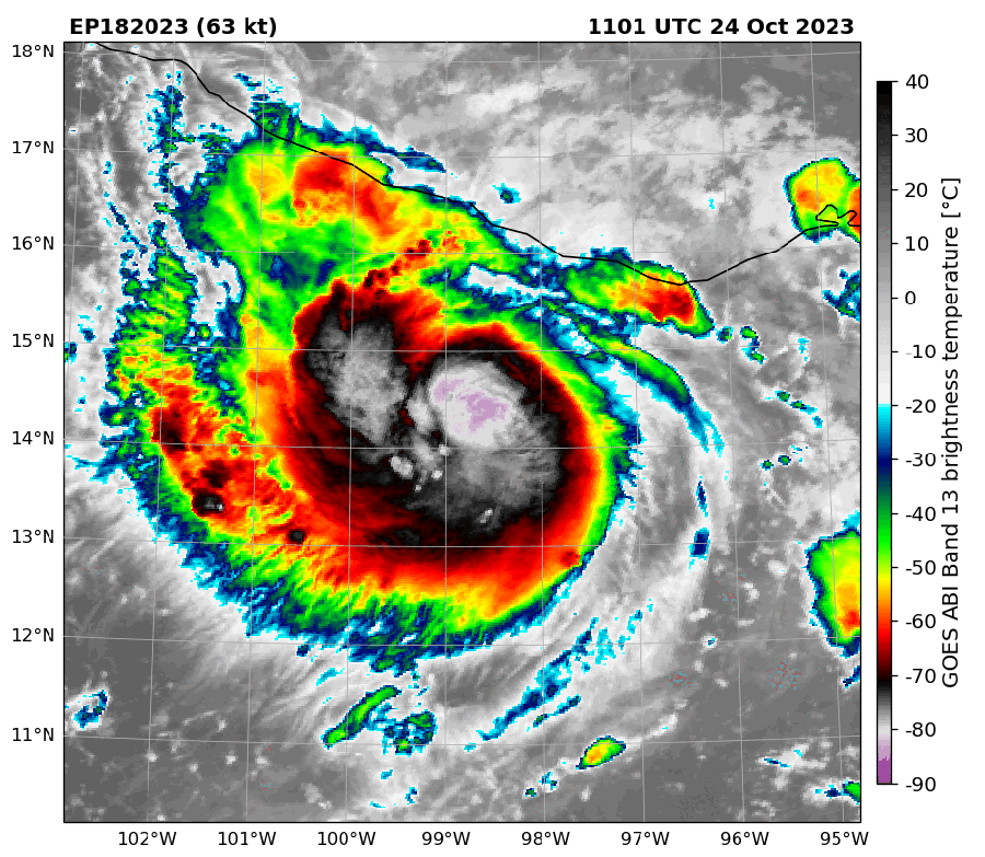 Animated gif comparing infrared and microwave satellite images of Hurricane Otis