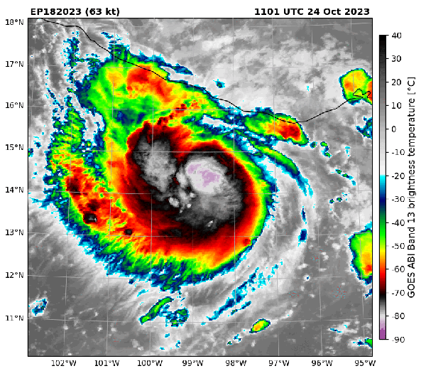 Animated gif comparing infrared and microwave satellite images of Hurricane Otis