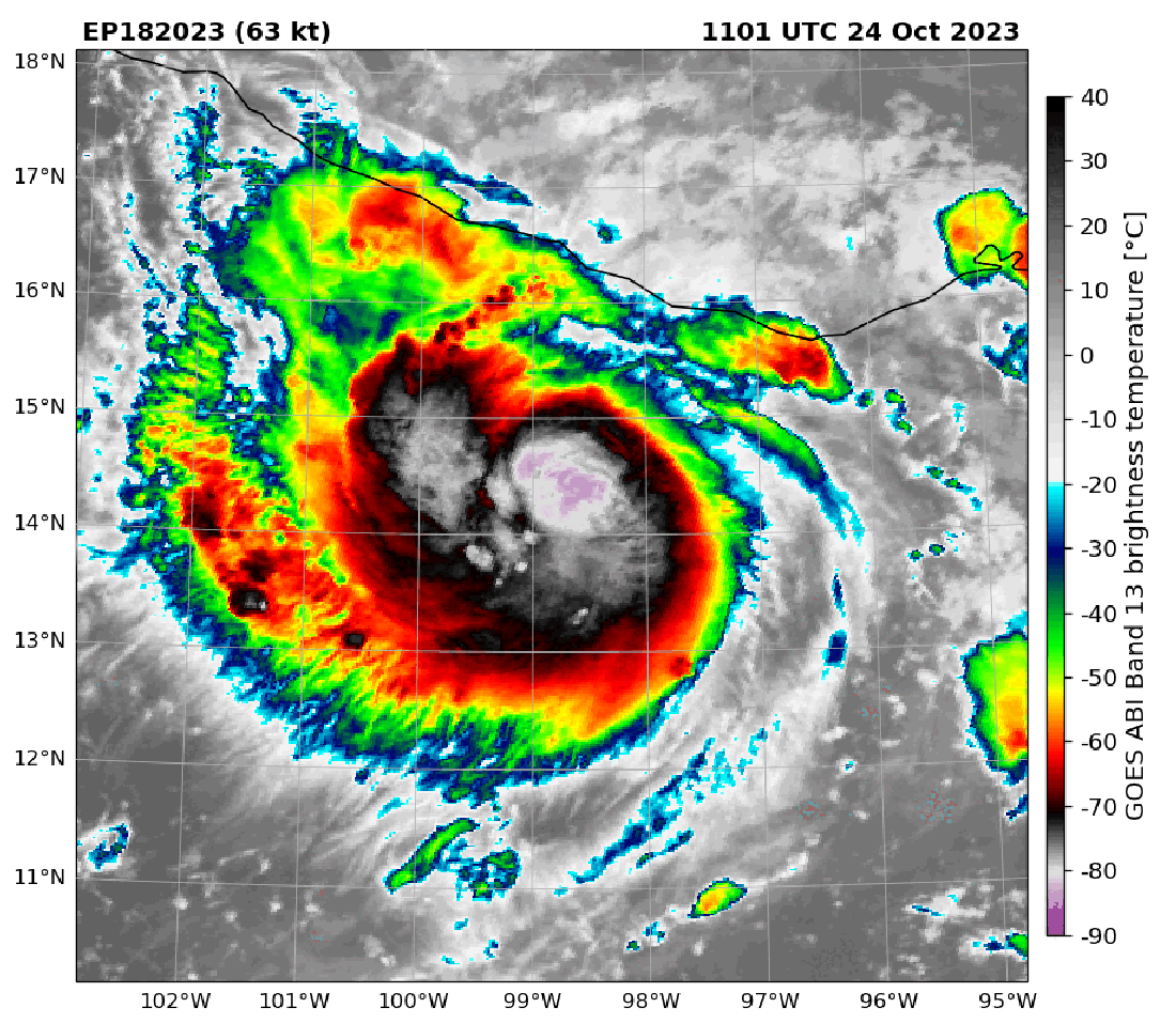 Animated gif comparing infrared and microwave satellite images of Hurricane Otis