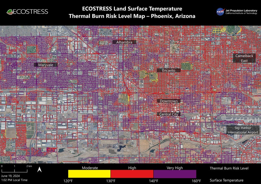 Data for this visualization of the Phoenix area at 1:02 p.m. local time on June 19, 2024. The image shows how miles of asphalt and concrete surfaces (colored here in yellow, red, and purple, based on temperature) trap heat. The surfaces registered at least 120 degrees Fahrenheit (49 degrees Celsius) to the touch. The image also shows cooling effects of green spaces in communities like Encanto and Camelback East, in contrast to the hotter surface temperatures seen in Maryvale and Central City, where there are fewer parks and trees