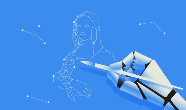 Vector illustration of a robotic hand drawing tracing and connecting dots to draw Mona Lisa as a white line drawing on a blue background