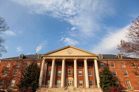 Exterior view of the main historic building (Building 1) of National Institutes of Health (NIH) on the Bethesda, Maryland campus