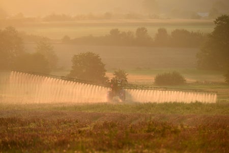A French farmer sprays glyphosate herbicide "Roundup 720" using a large tractor