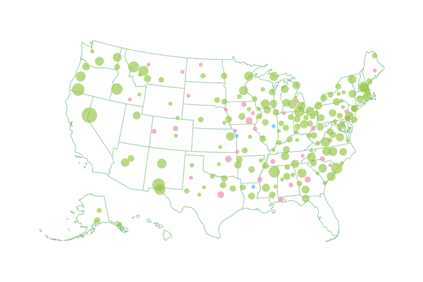 Map of the USA shows green spots throughout the country