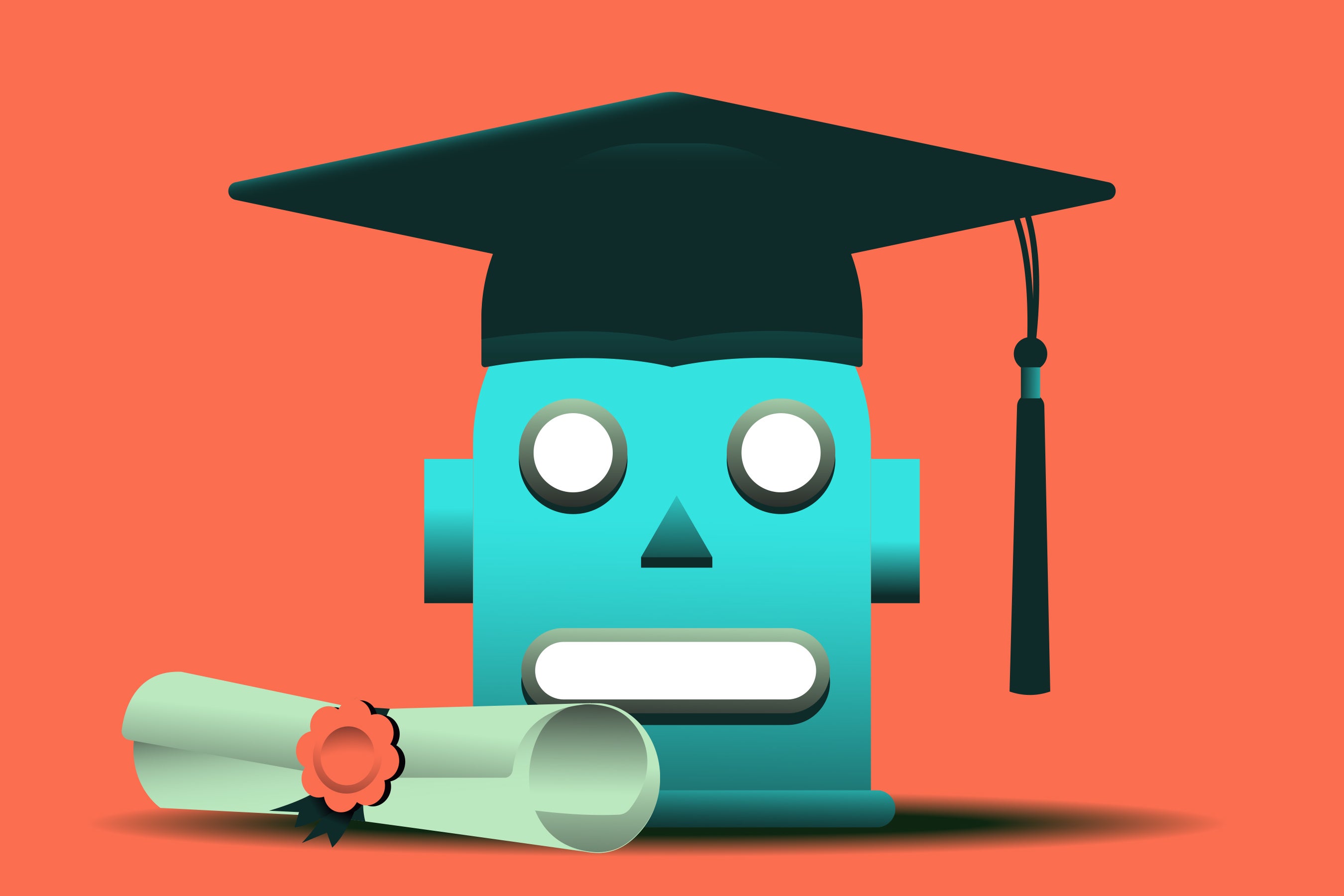 Robot's head in graduation cap and diploma.