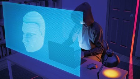 Illustration of a person in a hoodie, covering their face, working on a computer ominously