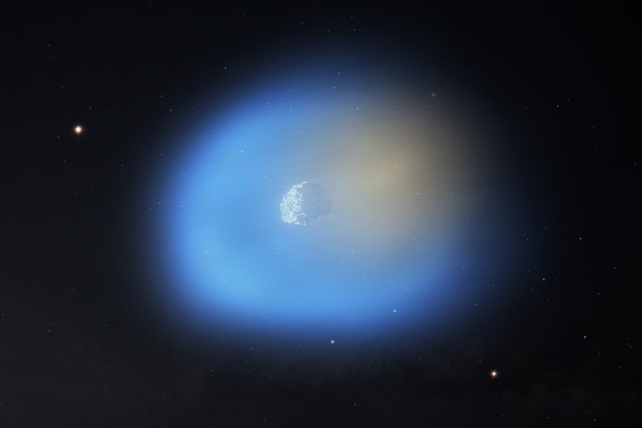 Artist's impression of Comet 3I/ATLAS near the sun, with methanol gas shown in blue and hydrogen cyanide in orange