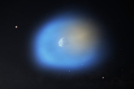 On the side of the comet closer to the sun, the methanol gas is shown in blue, with icy dust grains still present in the gas. On the dark side of the comet, the hydrogen cyanide is shown in orange.