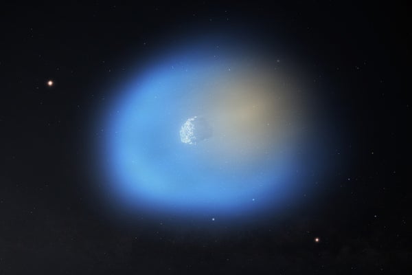 On the side of the comet closer to the Sun, the methanol gas is shown in blue, with icy dust grains still present in the gas. On the dark side of the comet, hydrogen cyanide is shown in orange.