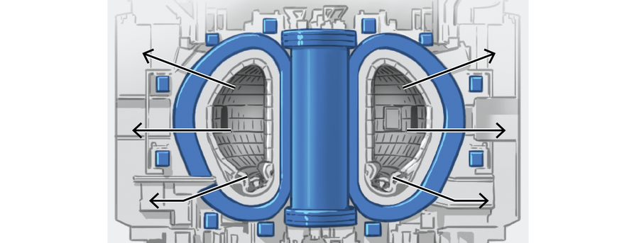 Illustrated cutaway of a traditional doughnut-shaped tokamak fusion reactor. Magnets surrounding the central void are highlighted in blue.