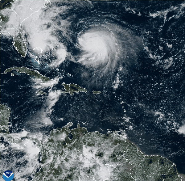 Tropical Storm Imelda (left) and Hurricane Humberto (right) on the morning of September 29, 2025.